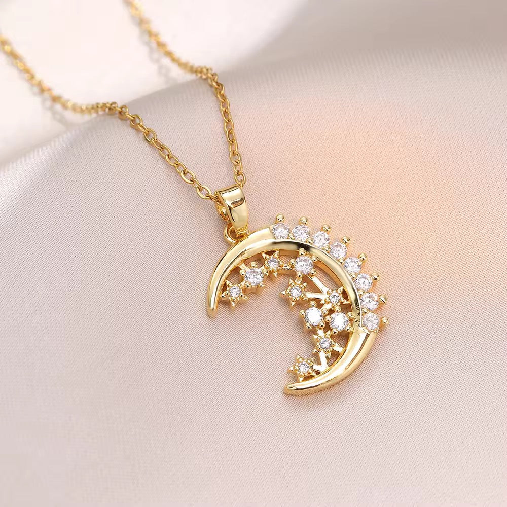 SJ 307 Zircon Moon Necklace - 18k gold PVD plated stainless steel - Anti tarnish - Wholesale