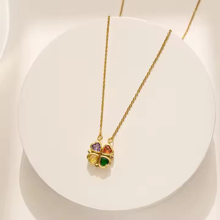 SJ 311 Clover colourful zircon Necklace - 18k gold PVD plated stainless steel - Anti tarnish - Wholesale