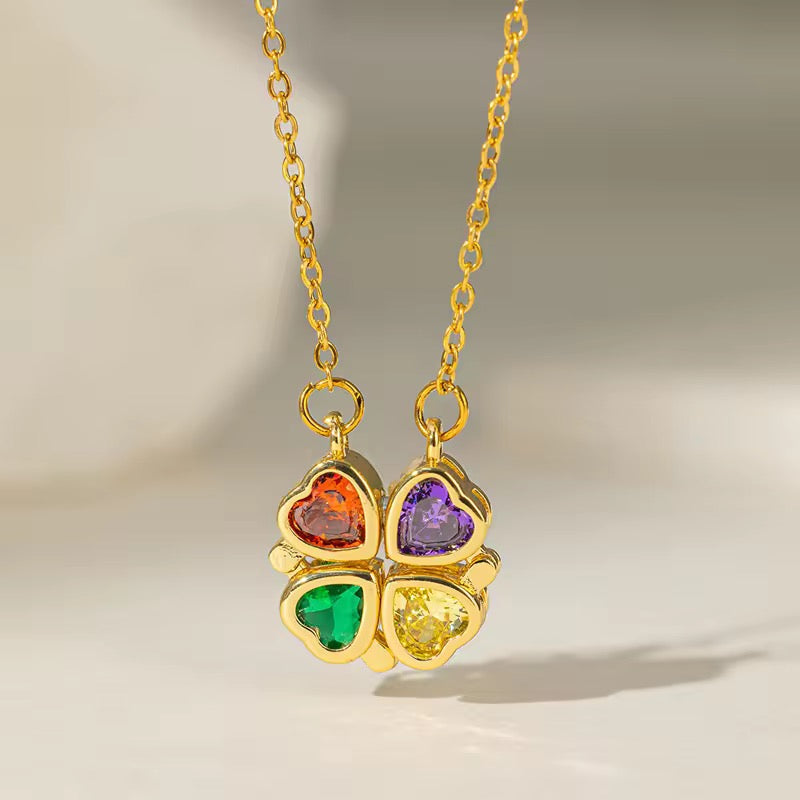 SJ 311 Clover colourful zircon Necklace - 18k gold PVD plated stainless steel - Anti tarnish - Wholesale