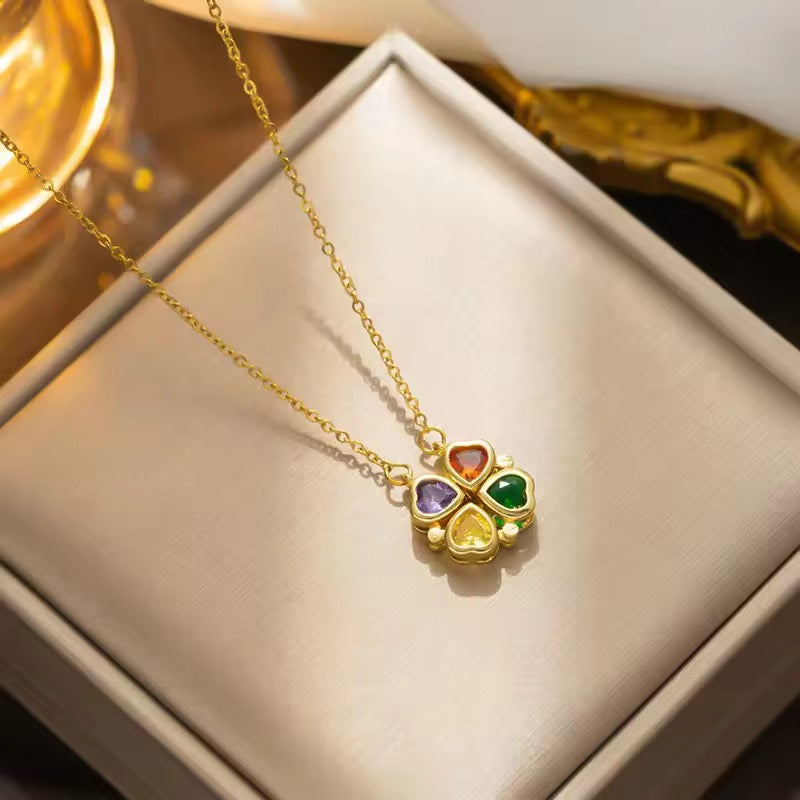 SJ 311 Clover colourful zircon Necklace - 18k gold PVD plated stainless steel - Anti tarnish - Wholesale