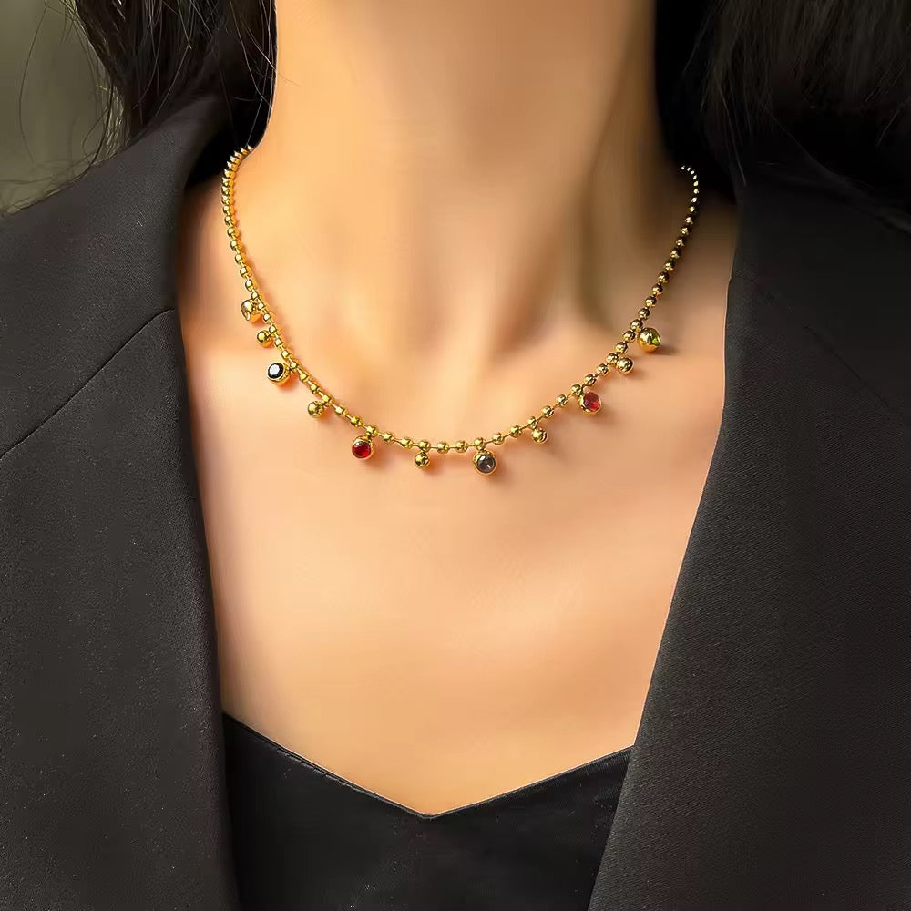 SJ 313 Vintage Zircon bead Necklace - 18k gold PVD plated stainless steel - Anti tarnish - Wholesale