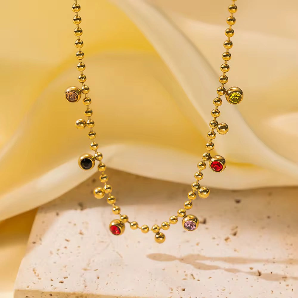 SJ 313 Vintage Zircon bead Necklace - 18k gold PVD plated stainless steel - Anti tarnish - Wholesale