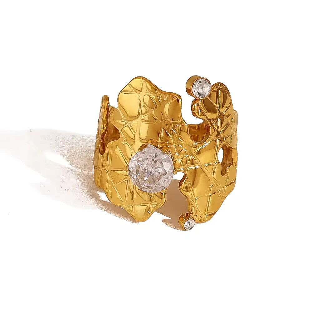 SJ 326 Zircon Textured Ring Adjustable - 18k gold PVD plated stainless steel - Anti tarnish - Wholesale