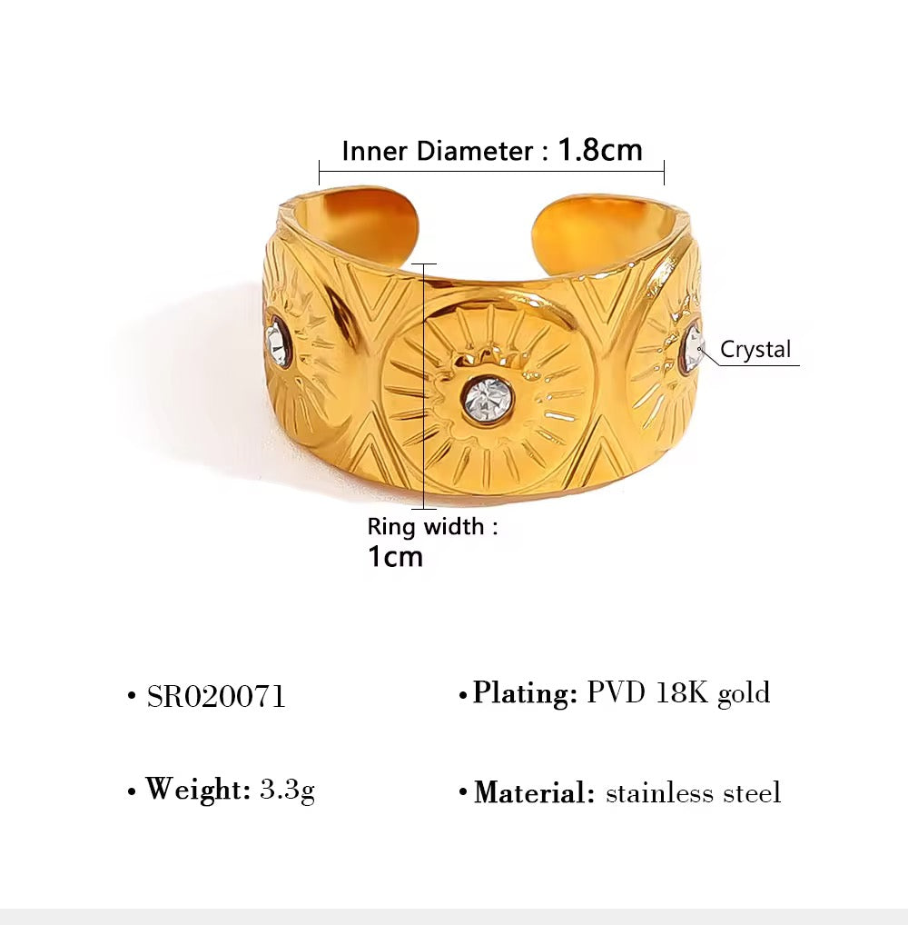 SJ 327 Zircon sunflower print Ring Adjustable - 18k gold PVD plated stainless steel - Anti tarnish - Wholesale