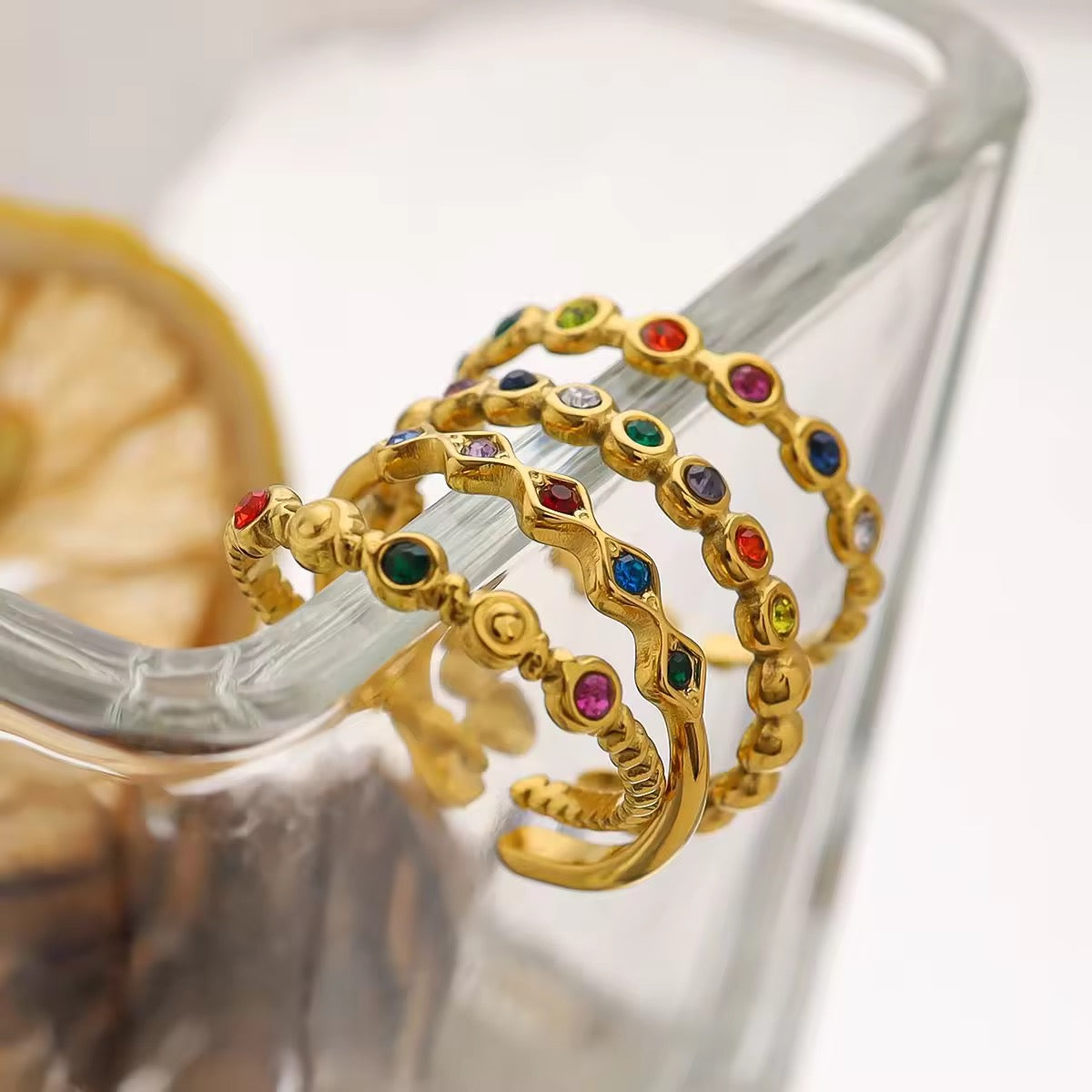 SJ 335 Colourful Zircon wavy Dainty Ring Adjustable - 18k gold PVD plated stainless steel - Anti tarnish - Wholesale