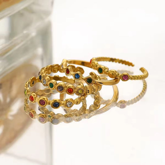 RSJ03B Colourful Zircon wavy Dainty Ring Adjustable - 18k gold PVD plated 316 stainless steel - Anti tarnish
