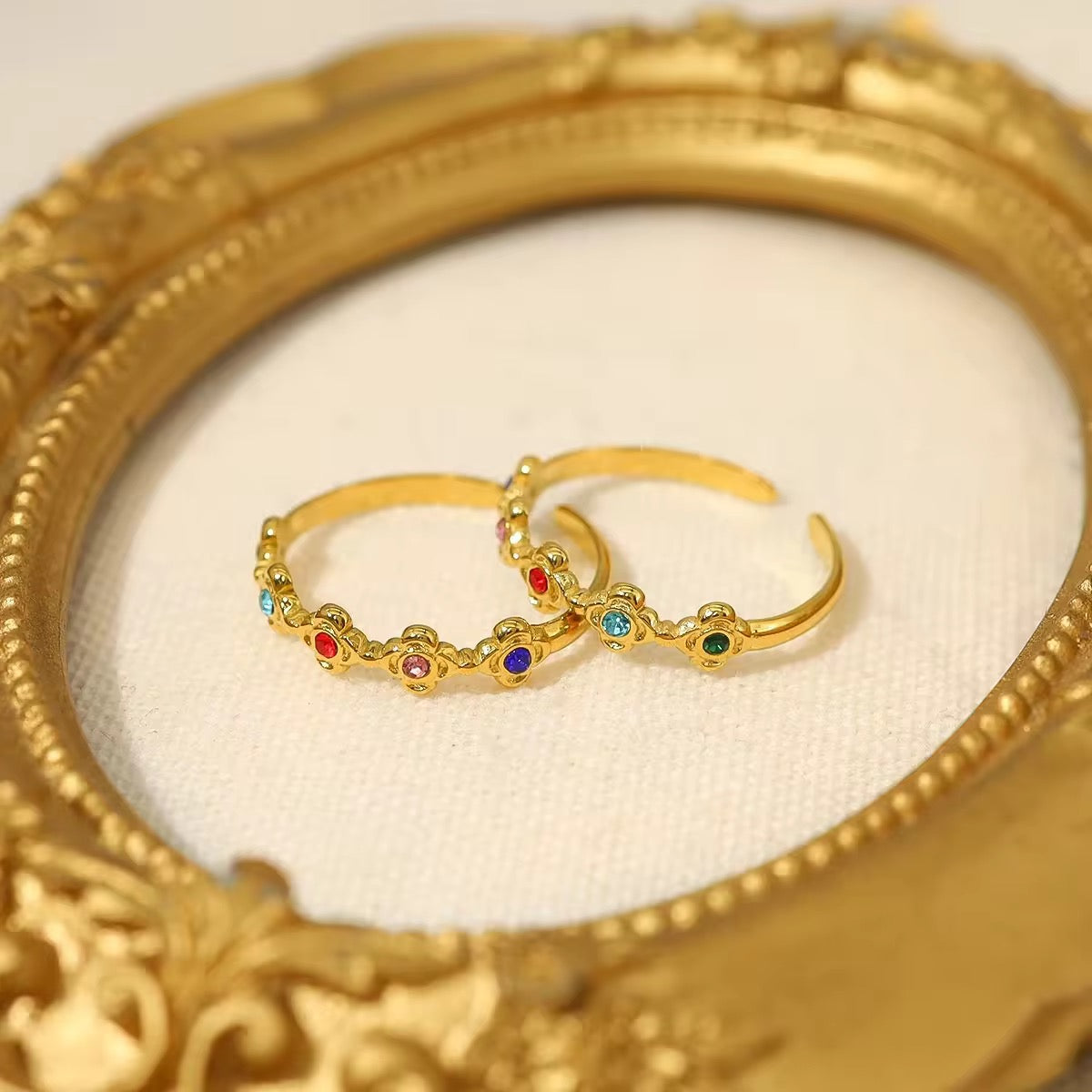 SJ 336 Colourful Zircon Flower Ring Adjustable - 18k gold PVD plated stainless steel - Anti tarnish - Wholesale