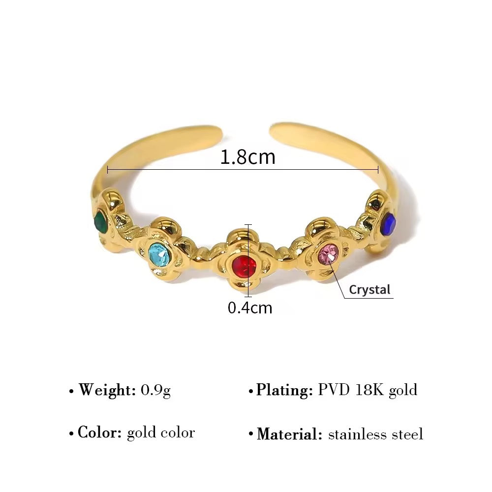 SJ 336 Colourful Zircon Flower Ring Adjustable - 18k gold PVD plated stainless steel - Anti tarnish - Wholesale