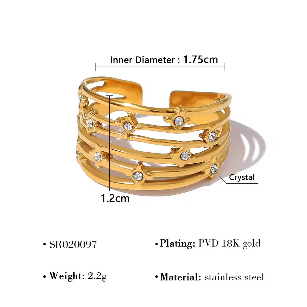 SJ 338 Multi Layer Zircon Ring Adjustable - 18k gold PVD plated stainless steel - Anti tarnish - Wholesale