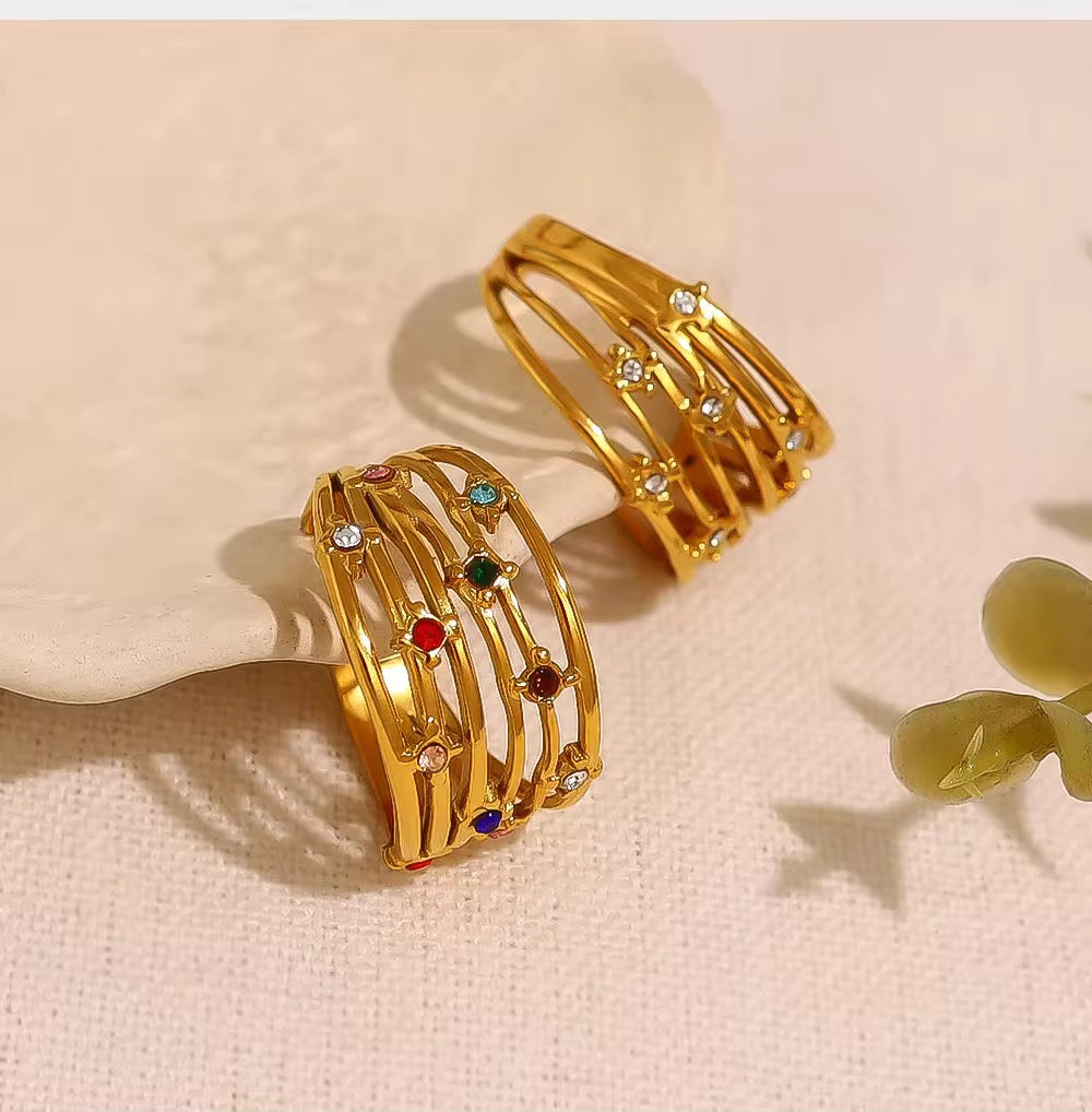RSJ03D Multi Layer Colourful Zircon Ring Adjustable - 18k gold PVD plated 316 stainless steel - Anti tarnish