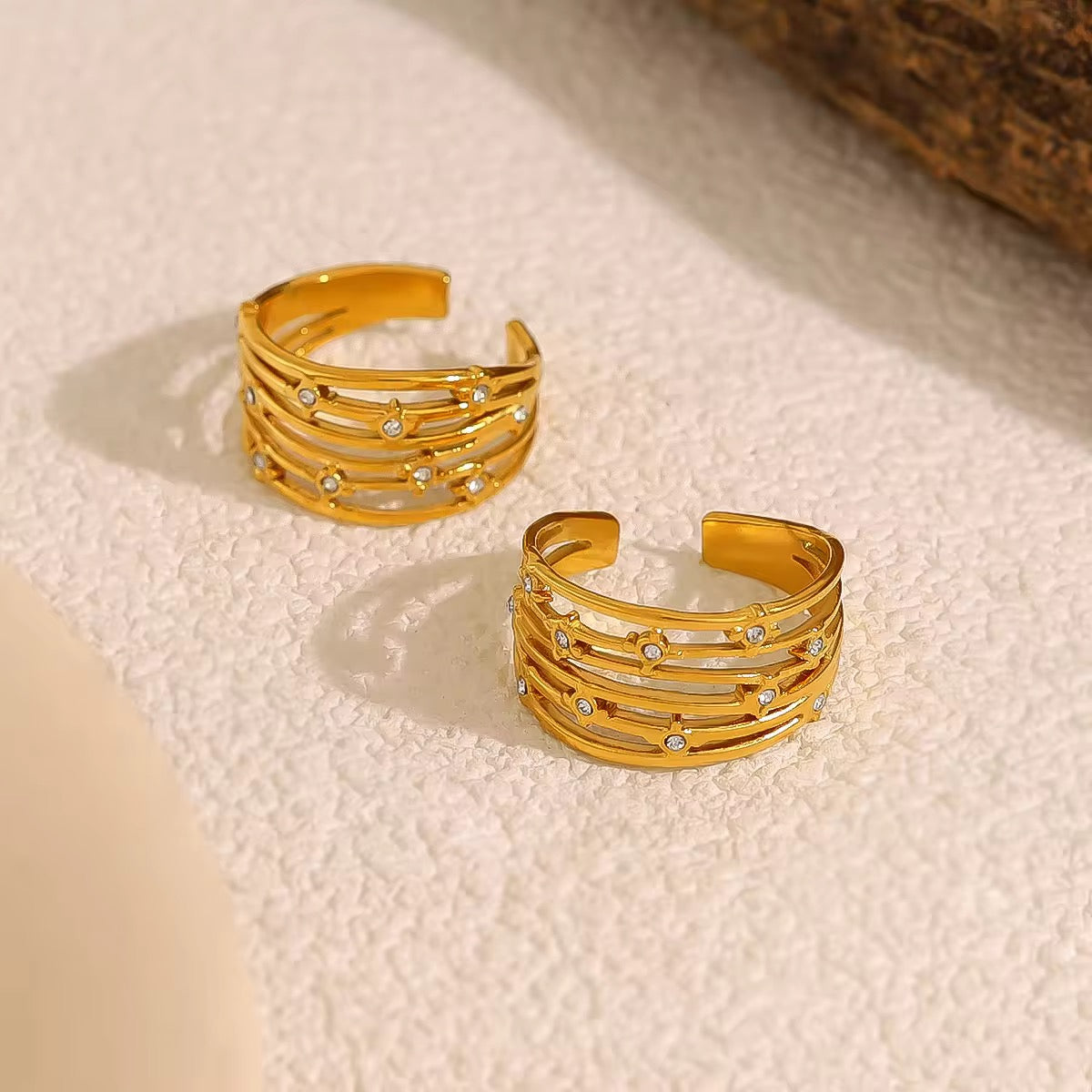 SJ 338 Multi Layer Zircon Ring Adjustable - 18k gold PVD plated stainless steel - Anti tarnish - Wholesale