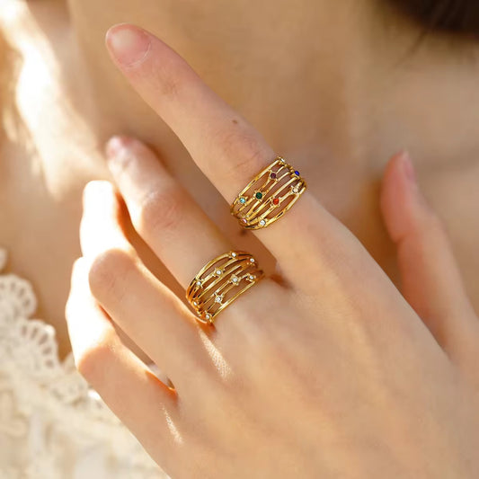 RSJ03D Multi Layer Colourful Zircon Ring Adjustable - 18k gold PVD plated 316 stainless steel - Anti tarnish