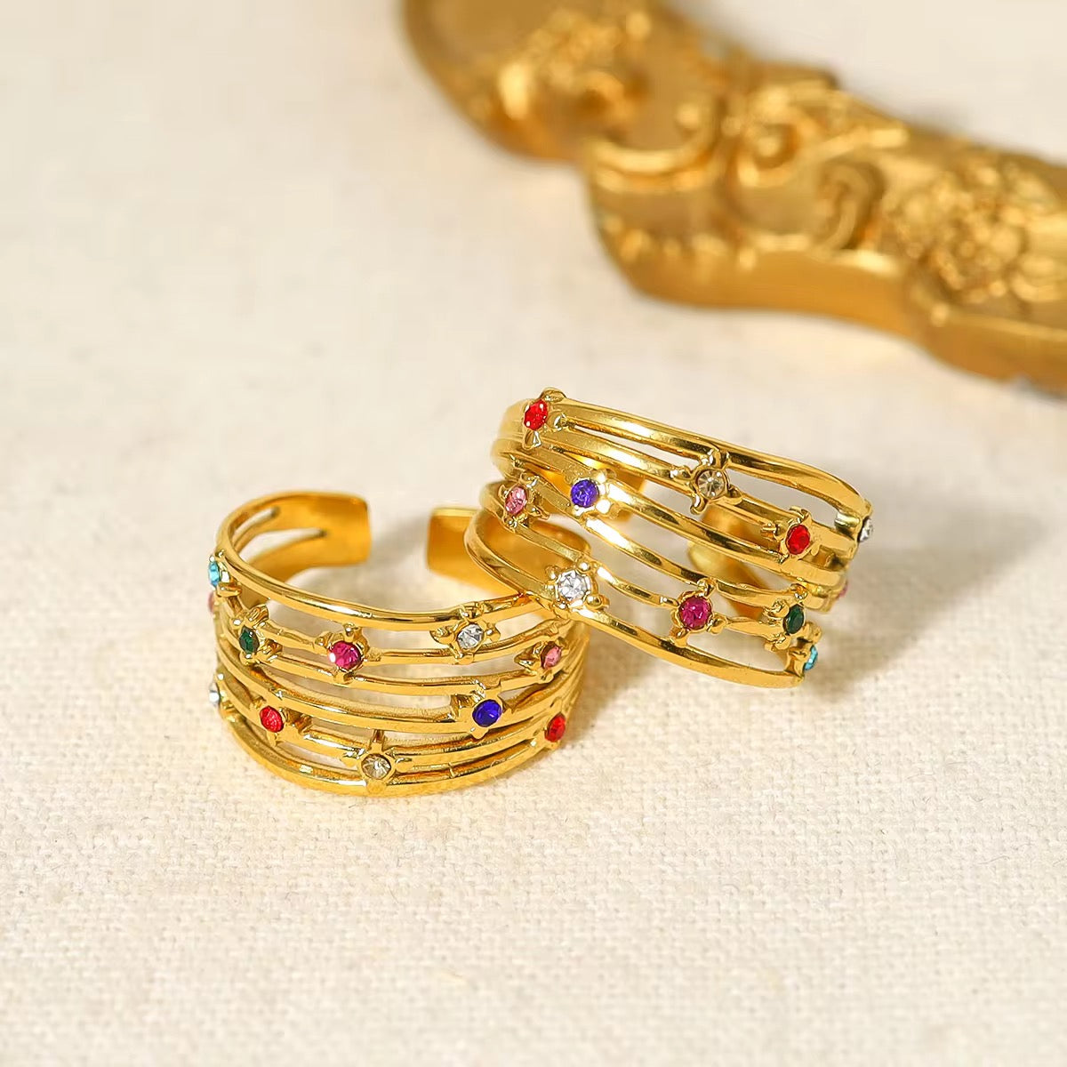 SJ 339 Multi Layer Colourful Zircon Ring Adjustable - 18k gold PVD plated stainless steel - Anti tarnish - Wholesale