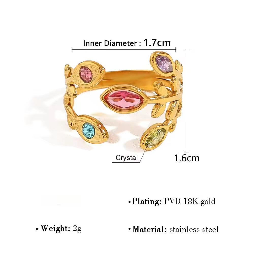 SJ 340 Leaf Colourful Zircon Ring Adjustable - 18k gold PVD plated stainless steel - Anti tarnish - Wholesale