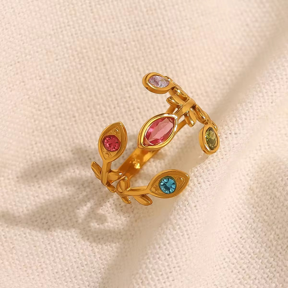 SJ 340 Leaf Colourful Zircon Ring Adjustable - 18k gold PVD plated stainless steel - Anti tarnish - Wholesale
