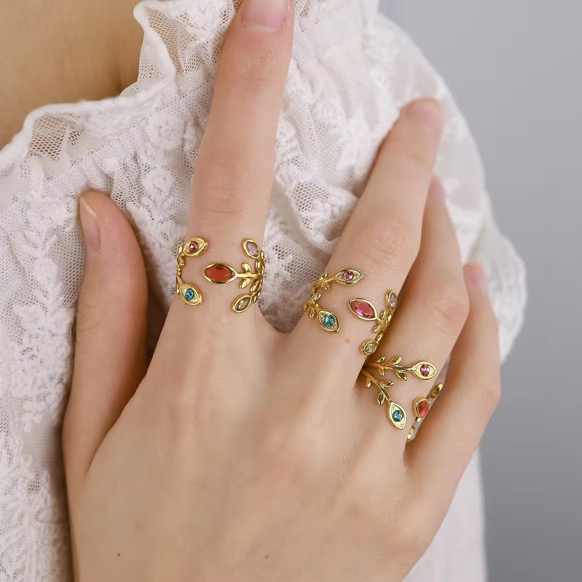 SJ 340 Leaf Colourful Zircon Ring Adjustable - 18k gold PVD plated stainless steel - Anti tarnish - Wholesale