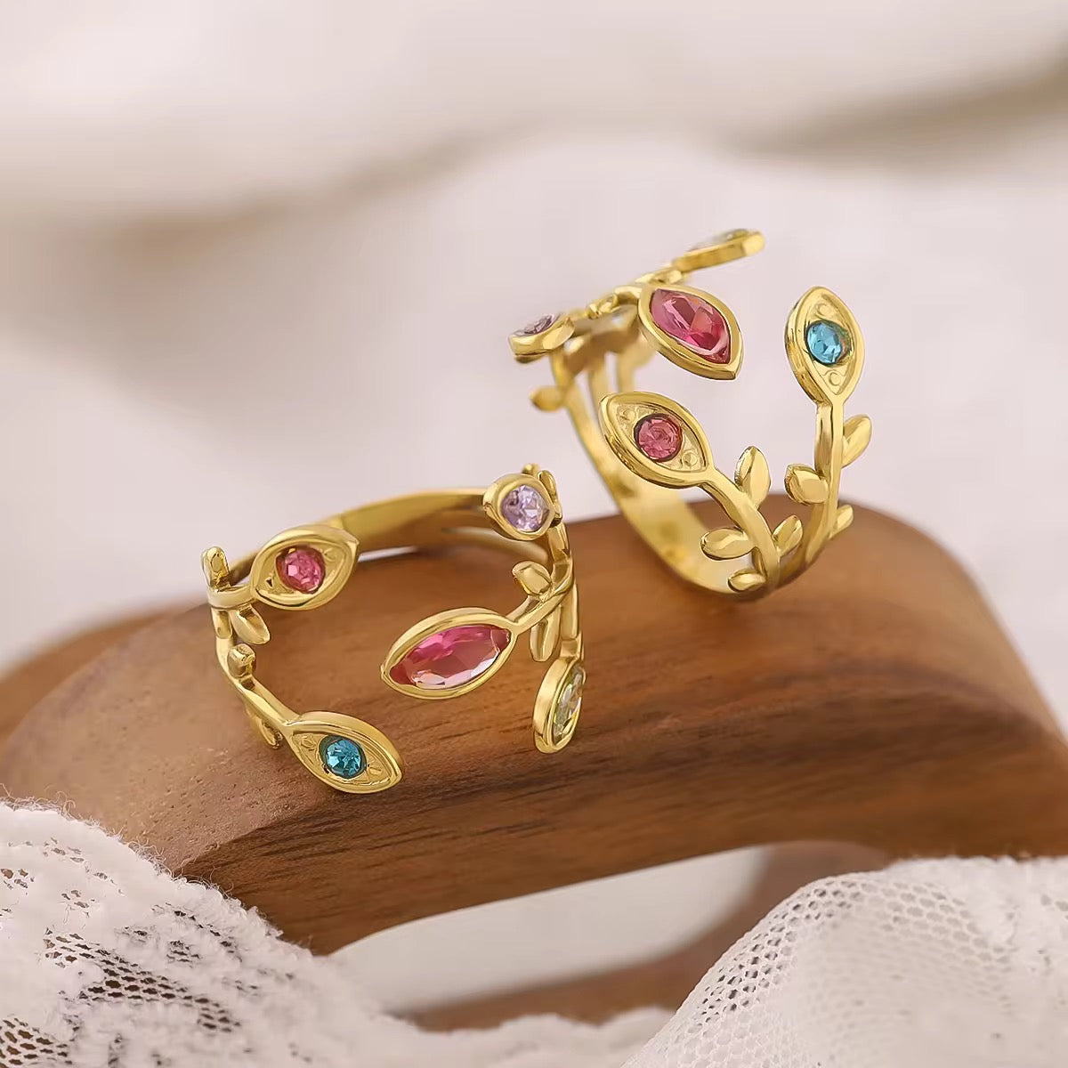SJ 340 Leaf Colourful Zircon Ring Adjustable - 18k gold PVD plated stainless steel - Anti tarnish - Wholesale