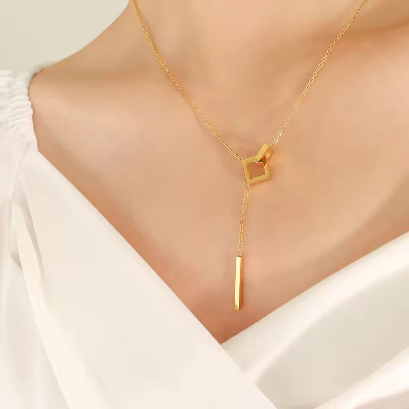 SJ 353 Double Square tassel Necklace - 18k gold plated stainless steel - Anti tarnish - Wholesale