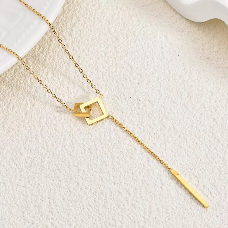 SJ 353 Double Square tassel Necklace - 18k gold plated stainless steel - Anti tarnish - Wholesale