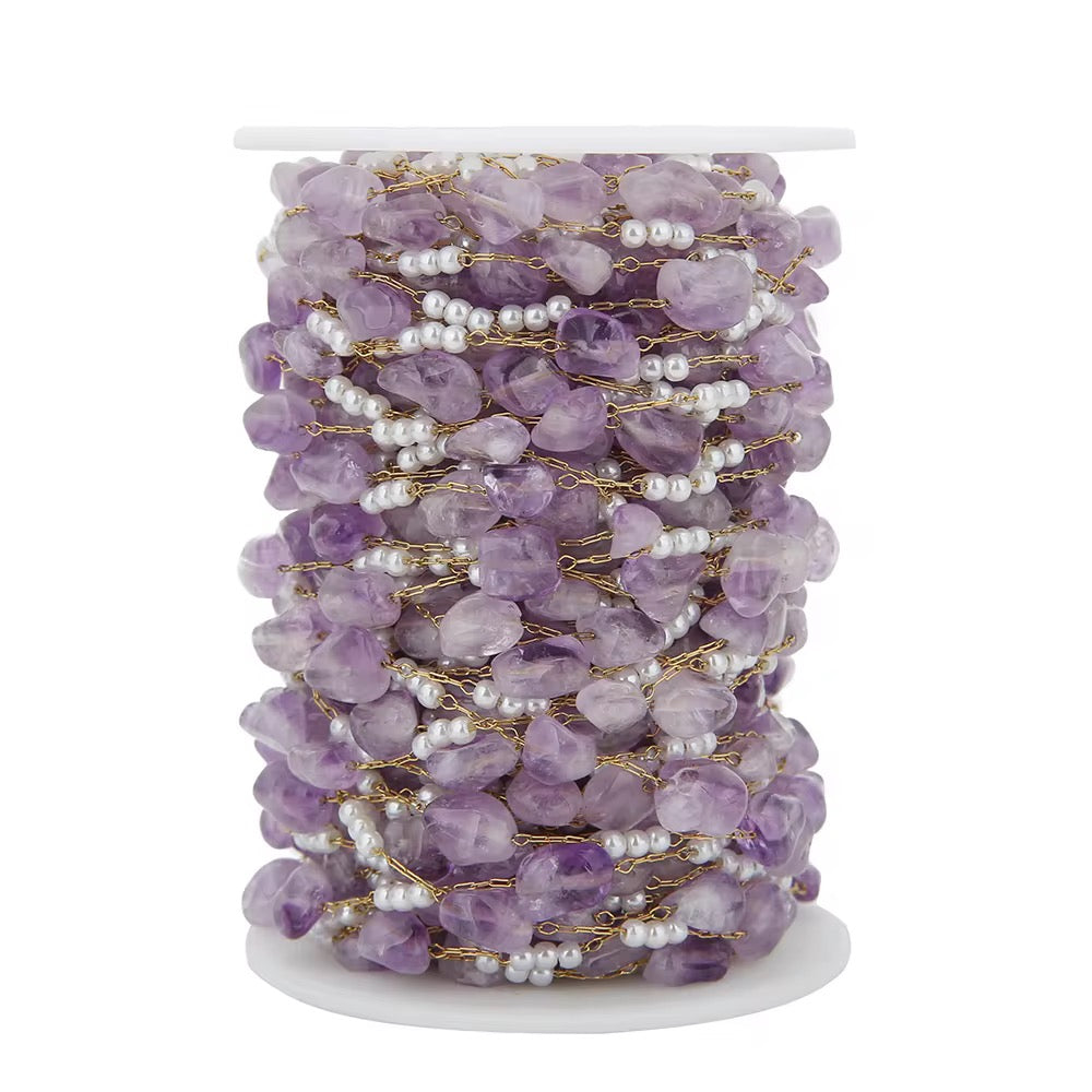 CN 306 Transparent purple Pearl stone Stainless steel chain ( 1 feet ) Anti tarnish