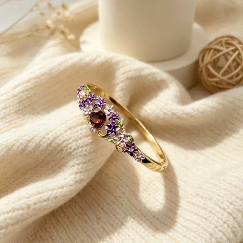BSJ30A Purple stone Flower Bracelet Premium 18k gold PVD plated Brass