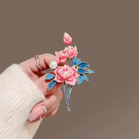 BR 38 CLOISONNE PEONY FLOWER Zircon Brooch ( 1 PC ) Anti Resistant