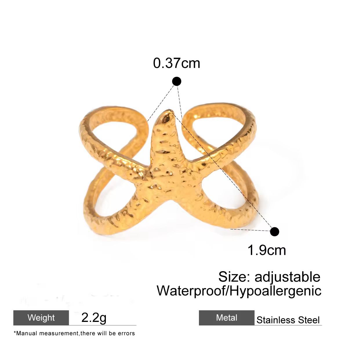 SJ 700 Textured Starfish Ring Adjustable 18k Gold PVD plated stainless steel - Anti tarnish