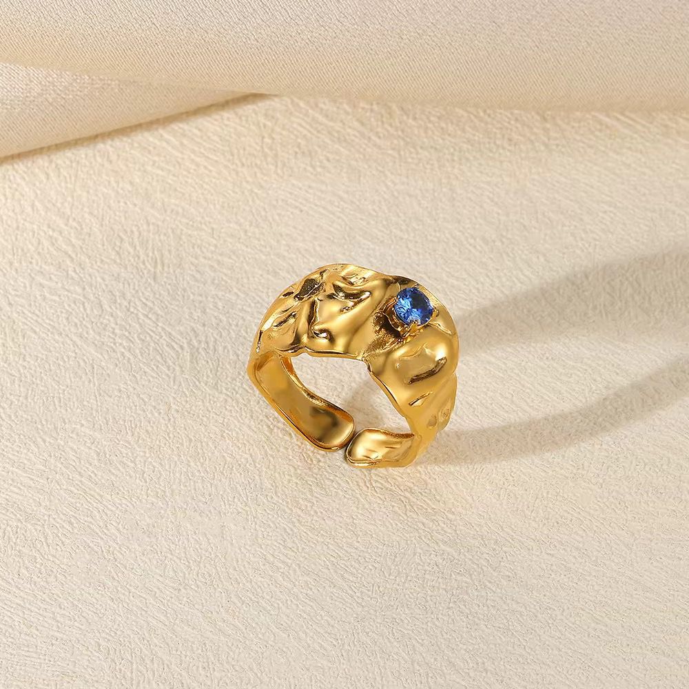 SJ 692 Dark Blue Zircon Geometric Textured Ring Adjustable 18k Gold PVD plated stainless steel - Anti tarnish