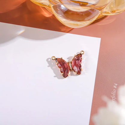 BBB 206 (h) Transparent Maroon Butterfly 14k gold plated Zircon crystal charm ( 1 pc ) Anti tarnish ( 22:16 mm )