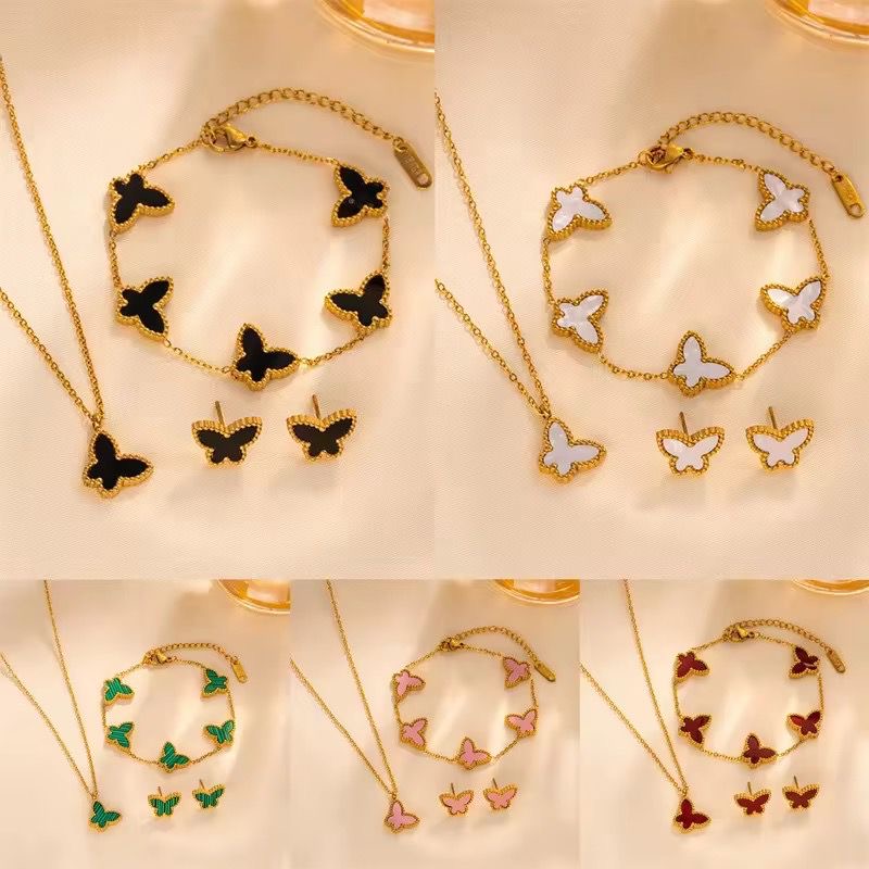 SJ 527 Green Butterfly jewelry set ( chain, bracelet and earring ) - 18k Gold PVD plated stainless steel - Anti tarnis