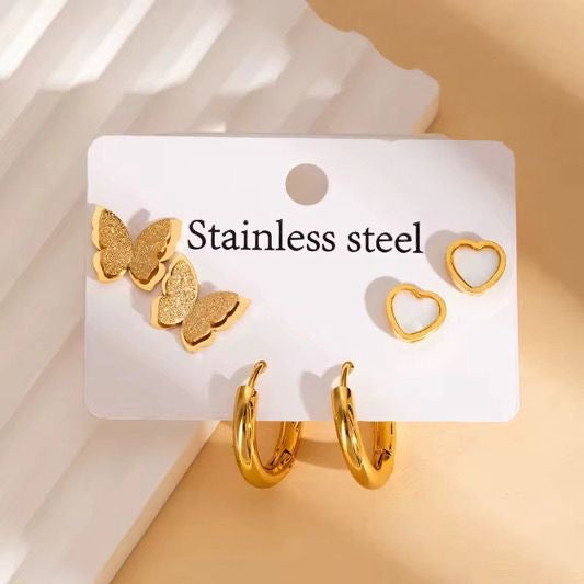 ESJ03B heart ,hoops and butterfly stud set -  18k Gold PVD plated 316 stainless steel - Anti tarnish