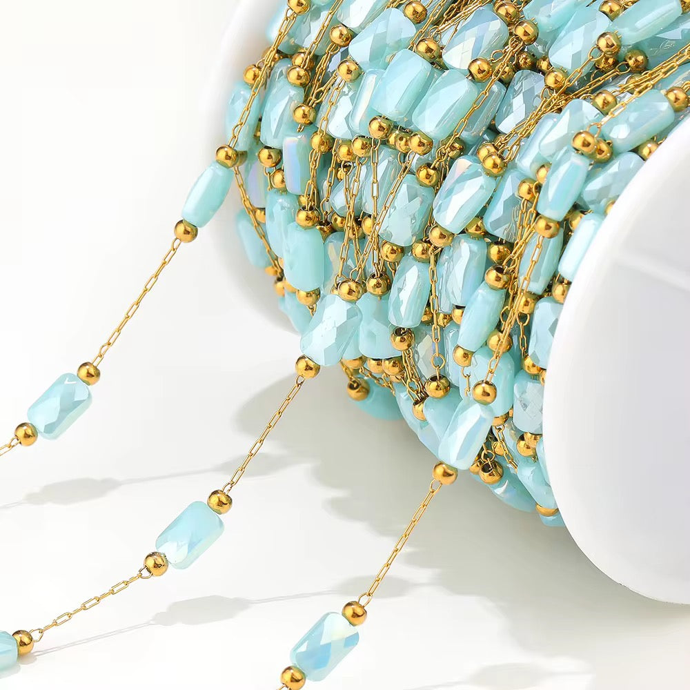 DIYS193 Sky Blue Pearly Grid Square Bead Chain ( 1 feet ) 18k Gold PVD