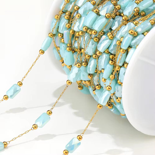 DIYS193 Sky Blue Pearly Grid Square Bead Chain ( 1 feet ) 18k Gold PVD