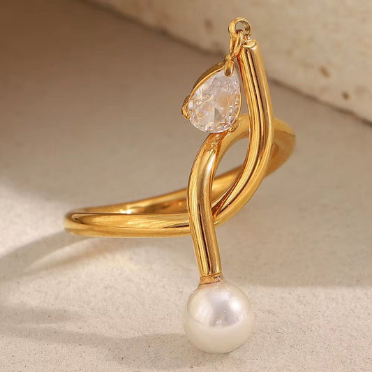 SJ 967 Zircon drop pearl Ring  - Premium jewellery- 18k Gold PVD plated stainless steel - Anti tarnish