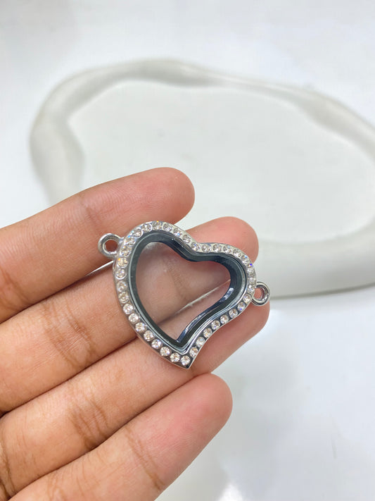 FL 2548 Zircon Heart silver Floating Glass Locket silver plated alloy ( 1 pc ) - anti tarnish