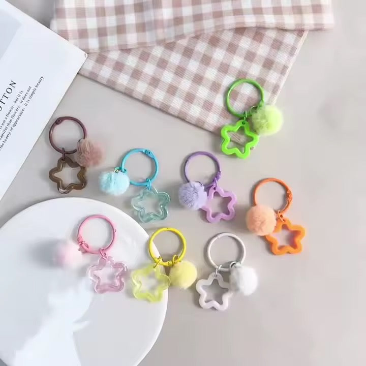 BBB 271 (d) Pink Star Keychain with Fur Ball - Keyring Clasp( 1 pc ) ( 3:3:2 cm )