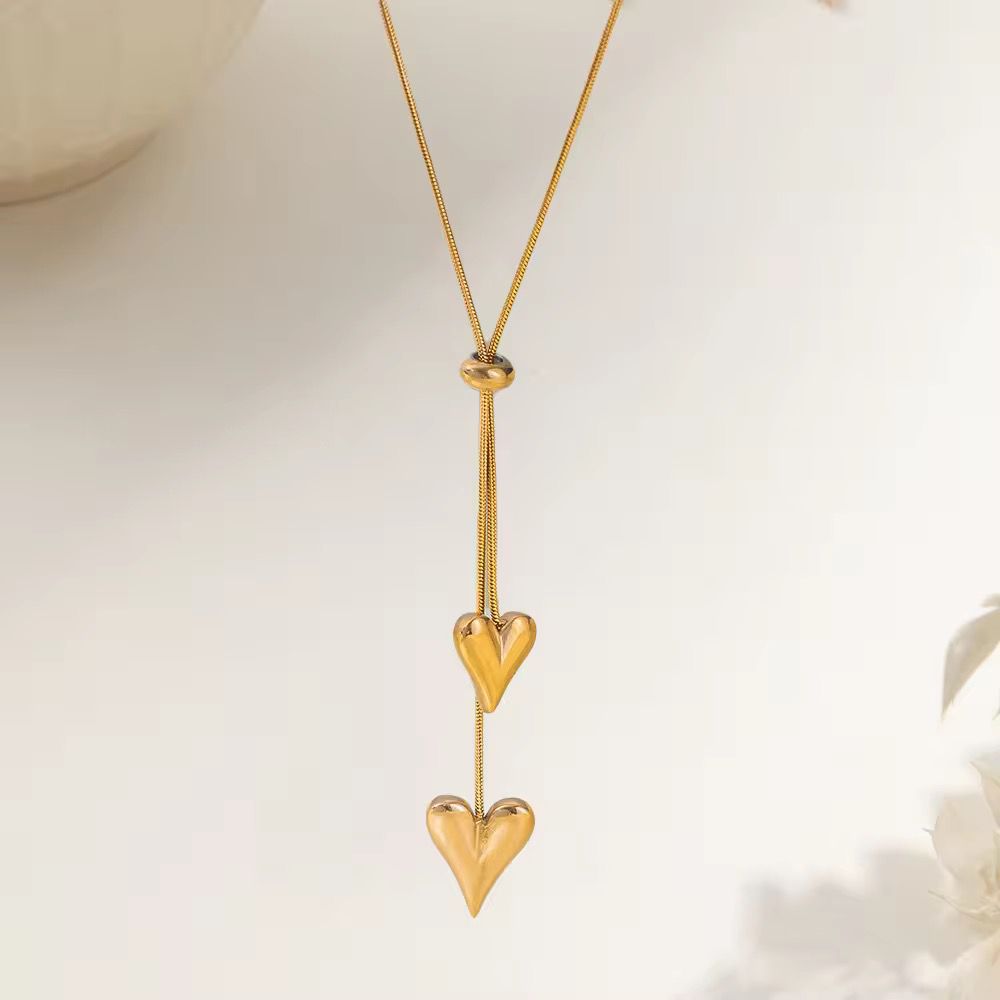 NSJ42C Amour Double Heart Drop Necklace 18k gold PVD plated