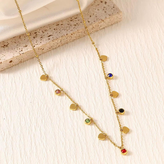 SJ 997 Heart Minimalist Dainty colourful Zircon charm Necklace - 18k Gold PVD plated stainless steel - Anti tarnish