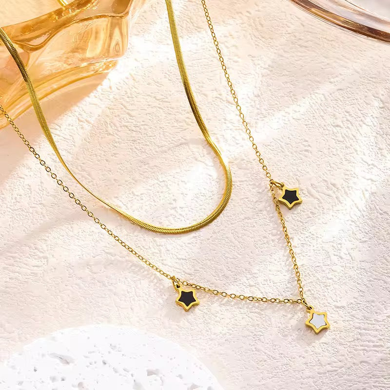 SJ 385 Black and white star double layer Necklace - 18k gold PVD plated stainless steel - Anti tarnish