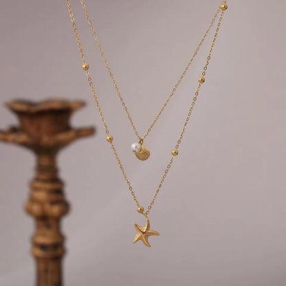 NSJ28E Beach Theme Double layer Necklace - 18k Gold PVD plated 32stainless steel - Anti tarnish