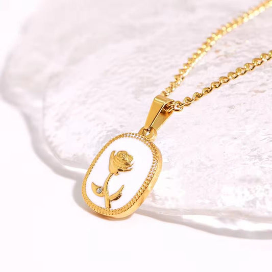 NSJ37B Rose Enamel Necklace 18k gold PVD plated