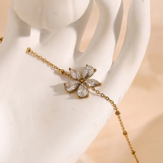SJ 414 Floral Zircon bead chain Bracelet- Premium 18k Gold PVD plated stainless steel - Anti tarnish - Wholesale