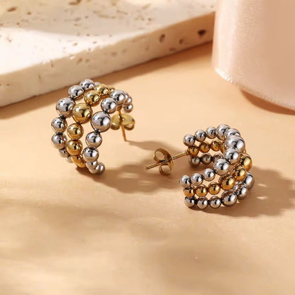 SJ 944 Dual Tone Beaded C hoop stud Earring - 18k Gold PVD plated stainless steel - Anti tarnish