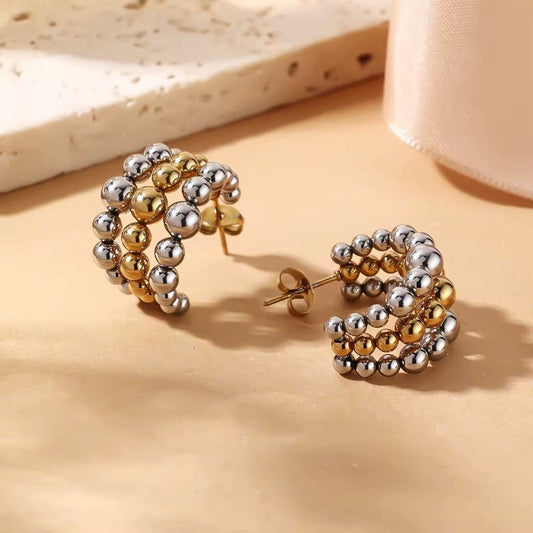 SJ 944 Dual Tone Beaded C hoop stud Earring - 18k Gold PVD plated stainless steel - Anti tarnish