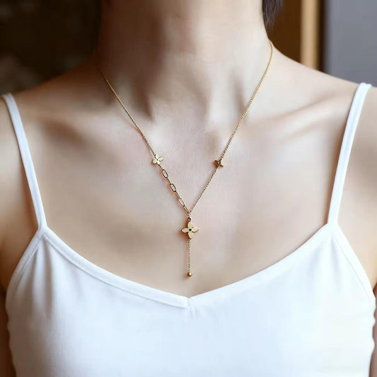 NSJ44C Golden Clover Y-Drop Necklace 18k Gold PVD plated
