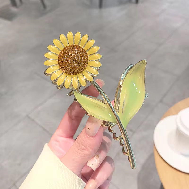HA 48 Sunflower Floral Rhinestone Enamel Metal Hair Claw Clip ( 1 pc )