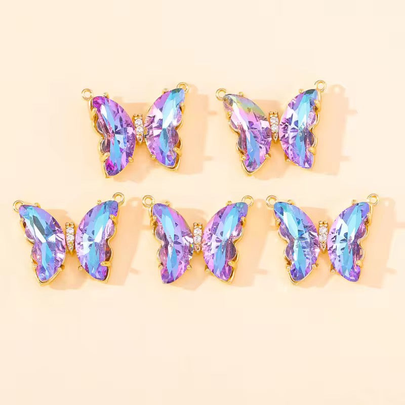 BBB 206 (r) Holographic Purple Blue Butterfly 14k gold plated Zircon crystal charm ( 1 pc ) Anti tarnish ( 22:16 mm )
