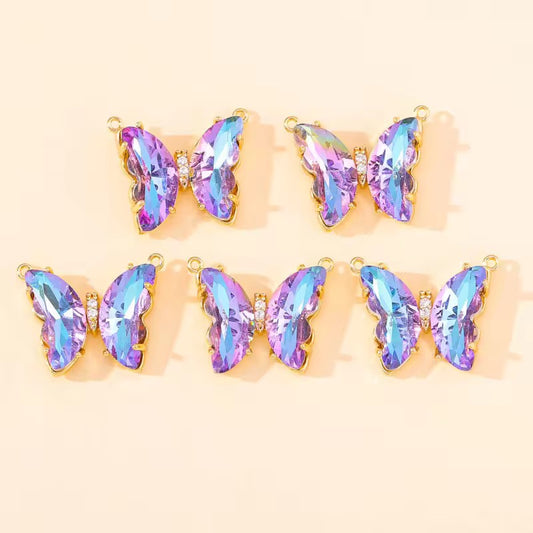BBB 206 (r) Holographic Purple Blue Butterfly 14k gold plated Zircon crystal charm ( 1 pc ) Anti tarnish ( 22:16 mm )