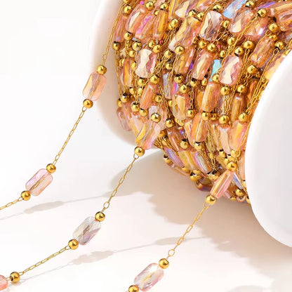 DIYS191 Light Pink Pearly Grid Square Bead Chain ( 1 feet ) 18k Gold PVD