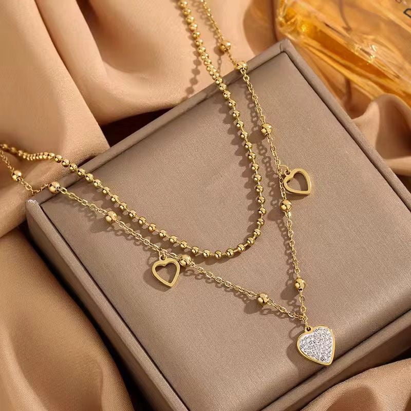SJ 752 Zircon heart Double layer Necklace - 18k Gold PVD plated stainless steel - Anti tarnish